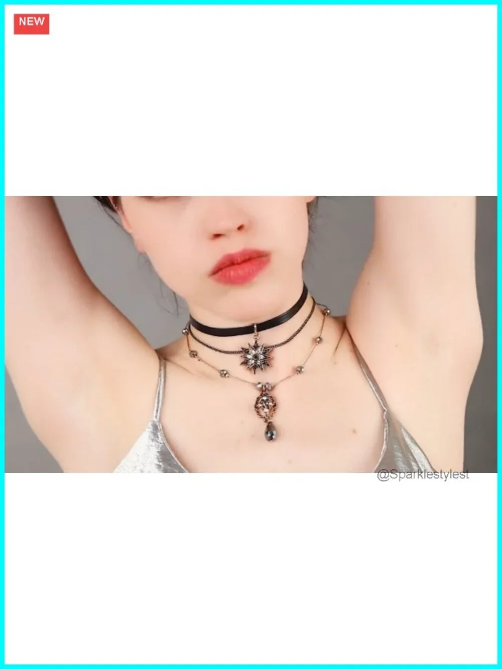 Layered Star Pendant Choker Necklace with Rhinestone Leather Detail